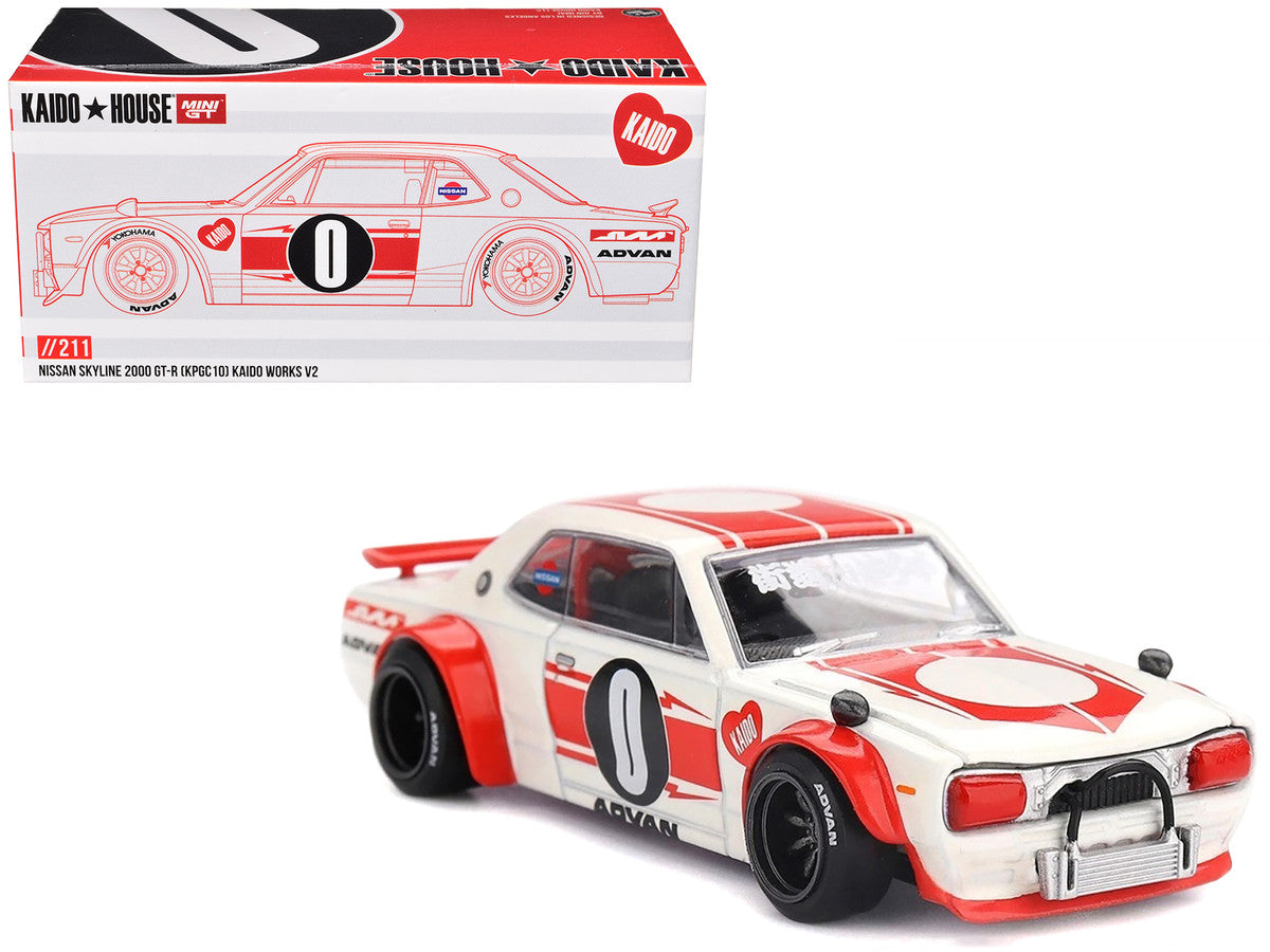 Nissan Skyline 2000GT-R (KPGC10) "Kaido Works V2" RHD (Right Hand Drive) White with Red Stripes (Designed by Jun Imai) "Kaido House" Special 1/64 Diecast Model Car by Mini GT Mini GT