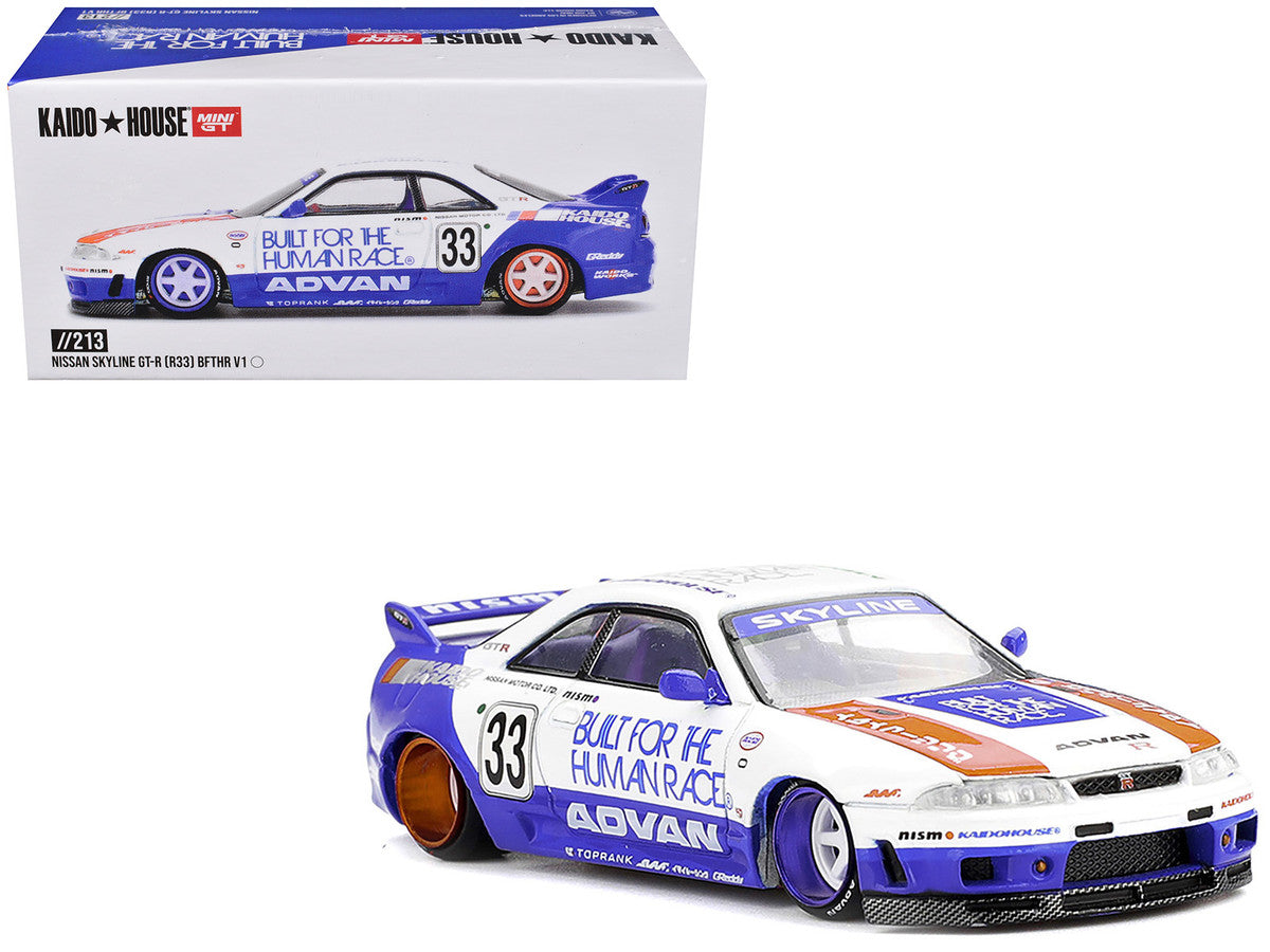 Nissan Skyline GT-R (R33) RHD (Right Hand Drive) #33 "BFTHR V1" Blue and White with Graphics (Designed by Jun Imai) "Kaido House" Special 1/64 Diecast Model Car by Mini GT Mini GT