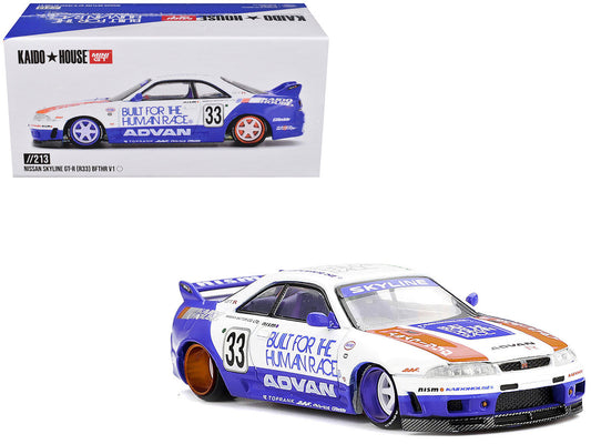 Nissan Skyline GT-R (R33) RHD (Right Hand Drive) #33 "BFTHR V1" Blue and White with Graphics (Designed by Jun Imai) "Kaido House" Special 1/64 Diecast Model Car by Mini GT Mini GT