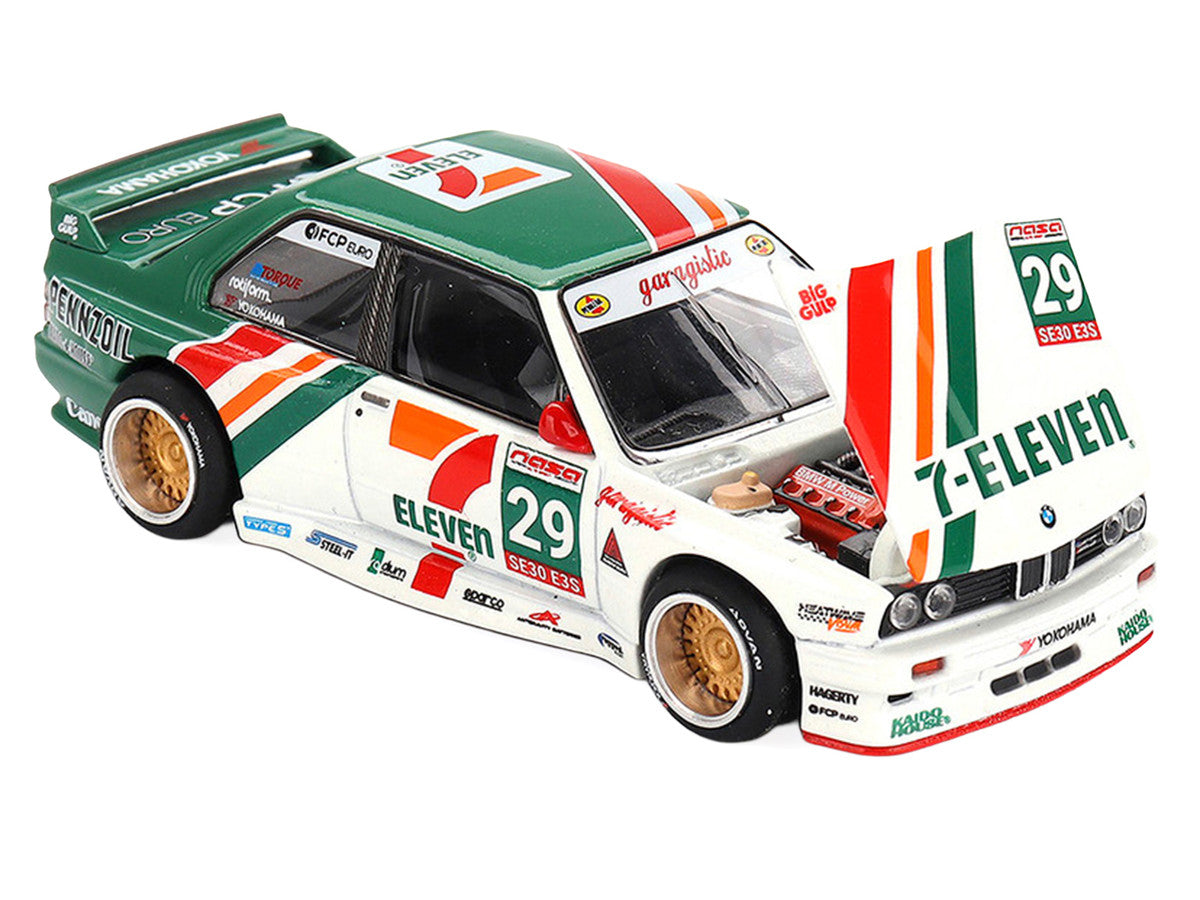 BMW M3 "Kaido Works Larry Chen V1" #29 "7-Eleven" White and Green with Graphics (Designed by Jun Imai) "Kaido House" Special 1/64 Diecast Model Car by Mini GT Mini GT