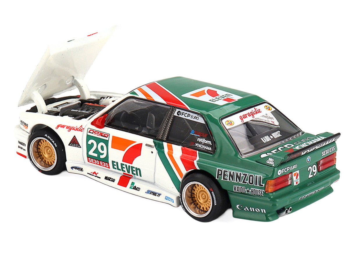 BMW M3 "Kaido Works Larry Chen V1" #29 "7-Eleven" White and Green with Graphics (Designed by Jun Imai) "Kaido House" Special 1/64 Diecast Model Car by Mini GT Mini GT