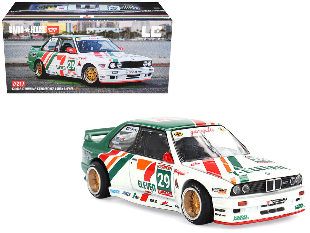 BMW M3 "Kaido Works Larry Chen V1" #29 "7-Eleven" White and Green with Graphics (Designed by Jun Imai) "Kaido House" Special 1/64 Diecast Model Car by Mini GT Mini GT