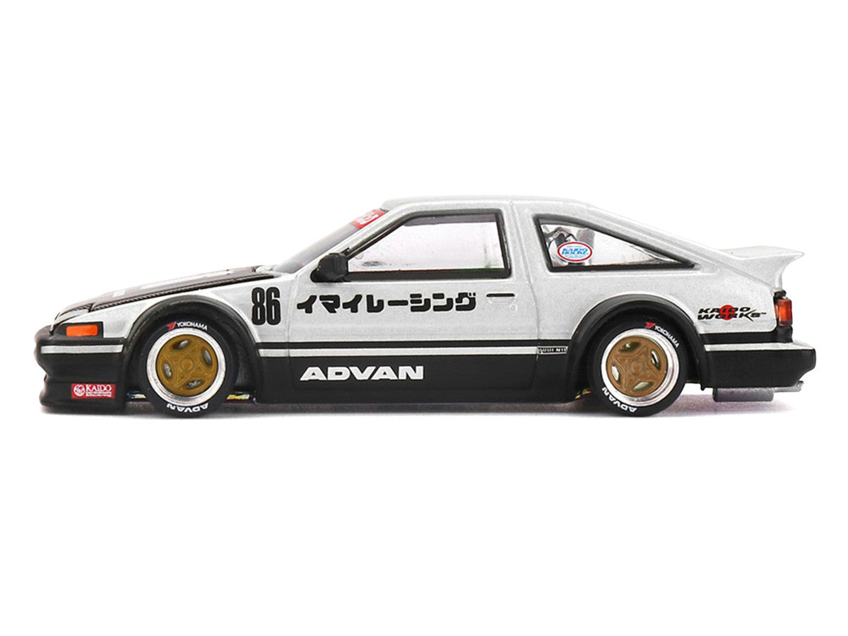 Toyota AE86 Sprinter Trueno RHD (Right Hand Drive) #86 "Kaido Street V2" Silver Metallic and Black with Carbon Hood and Graphics (Designed by Jun Imai) "Kaido House" 1/64 Die Cast Model Car by Mini GT Mini GT