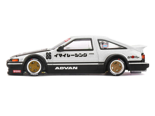 Toyota AE86 Sprinter Trueno RHD (Right Hand Drive) #86 "Kaido Street V2" Silver Metallic and Black with Carbon Hood and Graphics (Designed by Jun Imai) "Kaido House" 1/64 Die Cast Model Car by Mini GT Mini GT