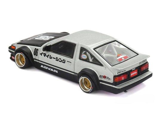 Toyota AE86 Sprinter Trueno RHD (Right Hand Drive) #86 "Kaido Street V2" Silver Metallic and Black with Carbon Hood and Graphics (Designed by Jun Imai) "Kaido House" 1/64 Die Cast Model Car by Mini GT Mini GT