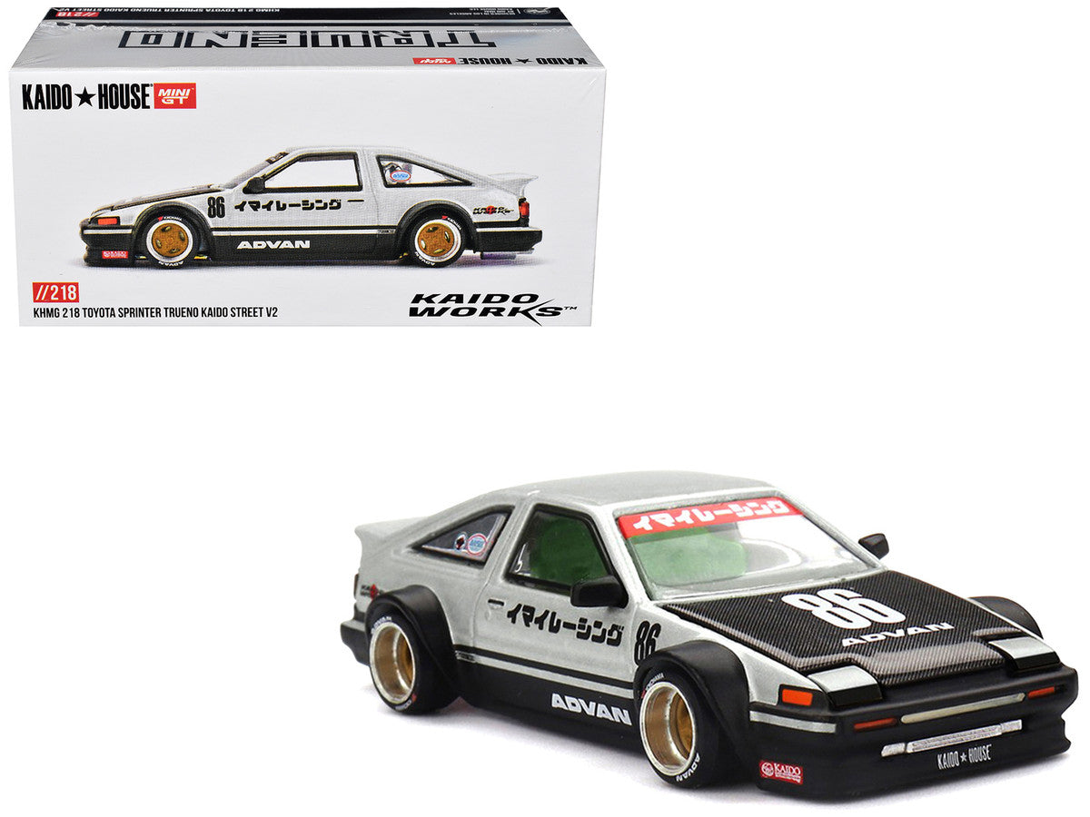 Toyota AE86 Sprinter Trueno RHD (Right Hand Drive) #86 "Kaido Street V2" Silver Metallic and Black with Carbon Hood and Graphics (Designed by Jun Imai) "Kaido House" 1/64 Die Cast Model Car by Mini GT Mini GT