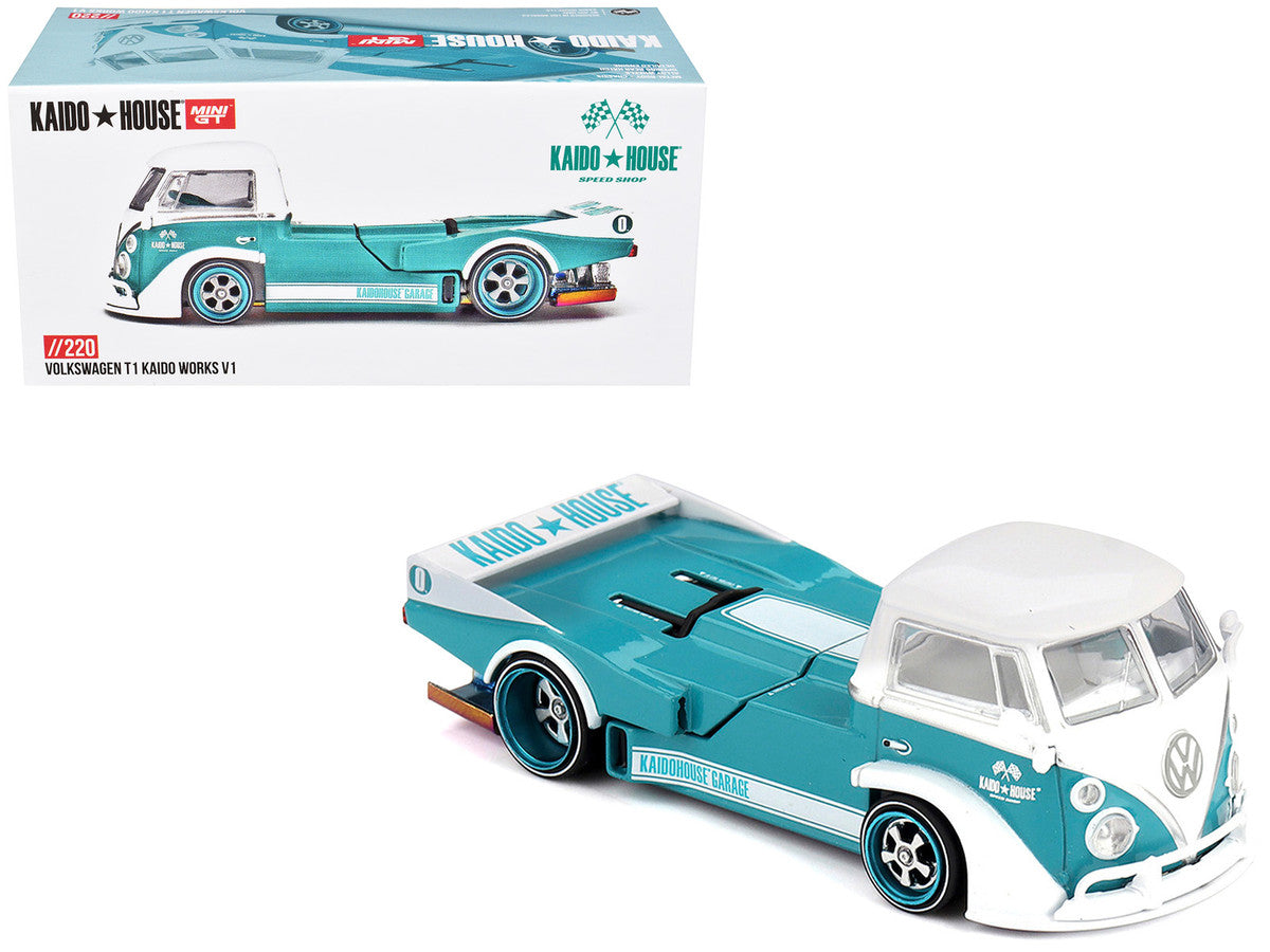 Volkswagen T1 "Kaido Works V1" Truck Turquoise with White Top and Stripes (Designed by Jun Imai) "Kaido House" Special 1/64 Diecast Model Car by Mini GT Mini GT