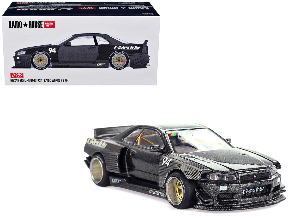 Nissan Skyline GT-R (R34) RHD (Right Hand Drive) #94 "Kaido Works GReddy V2" Carbon Fiber and Dark Gray Metallic (Designed by Jun Imai) "Kaido House" Special 1/64 Diecast Model Car by Mini GT Mini GT