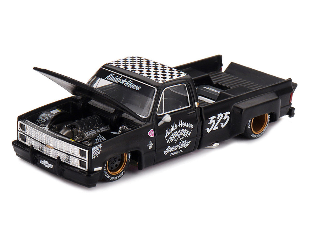 Chevrolet Silverado Dually Pickup Truck "Hot Rod V1" Matt Black with Checkered Top and Graphics (Designed by Jun Imai) "Kaido House" Special 1/64 Diecast Model Car by Mini GT Mini GT