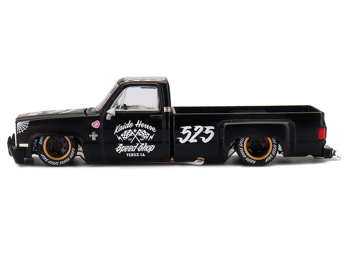 Chevrolet Silverado Dually Pickup Truck "Hot Rod V1" Matt Black with Checkered Top and Graphics (Designed by Jun Imai) "Kaido House" Special 1/64 Diecast Model Car by Mini GT Mini GT