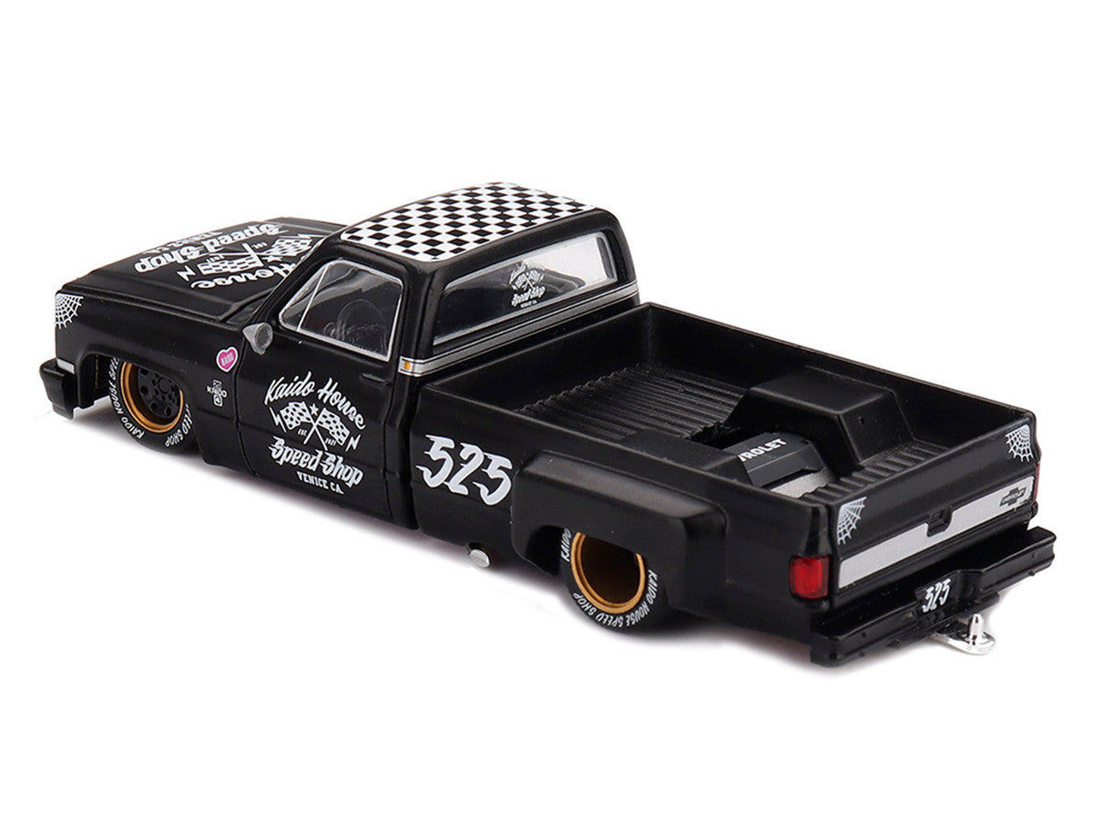 Chevrolet Silverado Dually Pickup Truck "Hot Rod V1" Matt Black with Checkered Top and Graphics (Designed by Jun Imai) "Kaido House" Special 1/64 Diecast Model Car by Mini GT Mini GT