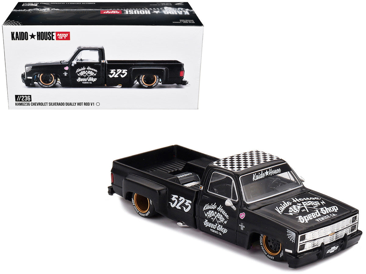 Chevrolet Silverado Dually Pickup Truck "Hot Rod V1" Matt Black with Checkered Top and Graphics (Designed by Jun Imai) "Kaido House" Special 1/64 Diecast Model Car by Mini GT Mini GT