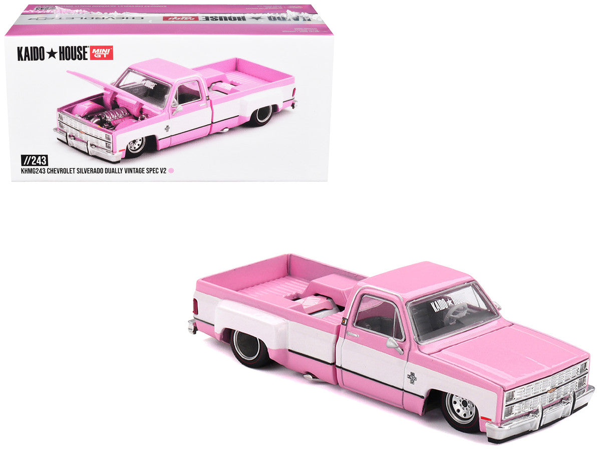 Chevrolet Silverado Dually Pickup Truck "Vintage Spec V2" Pink with White Sides (Designed by Jun Imai) "Kaido House" Special 1/64 Diecast Model Car by Mini GT Mini GT