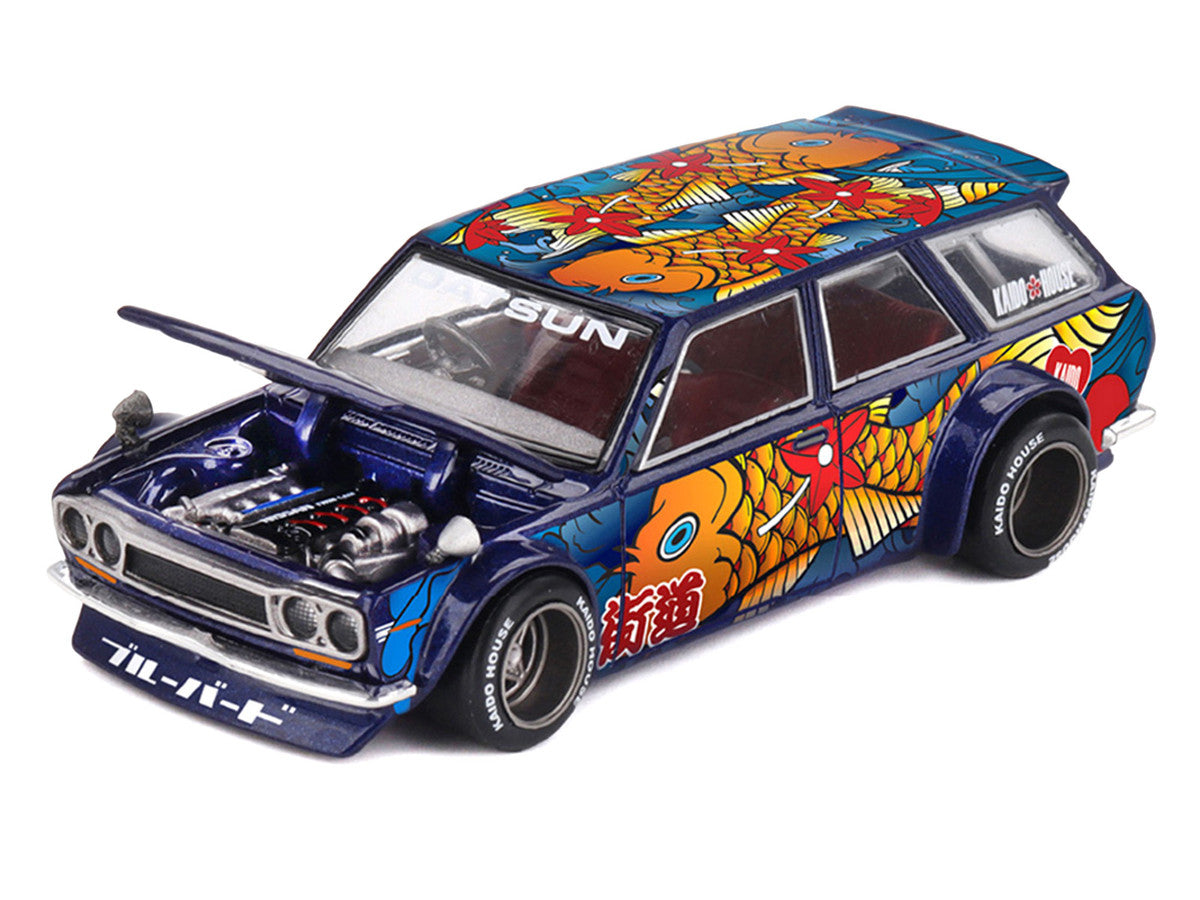 Datsun Kaido 510 Wagon RHD (Right Hand Drive) "Koi Wagon V1" Blue with Koi Fish Graphics (Designed by Jun Imai) "Kaido House" Special 1/64 Diecast Model Car by Mini GT Mini GT