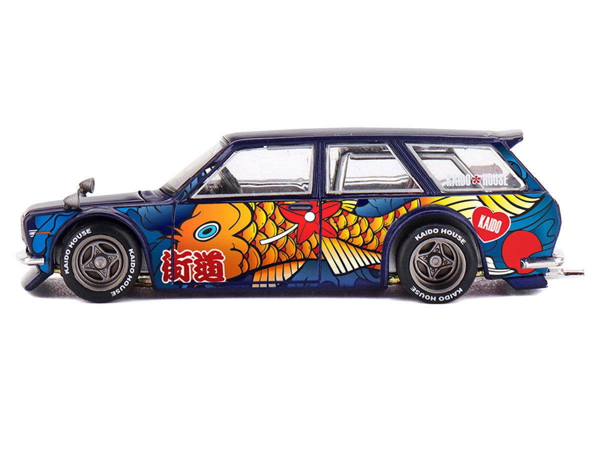 Datsun Kaido 510 Wagon RHD (Right Hand Drive) "Koi Wagon V1" Blue with Koi Fish Graphics (Designed by Jun Imai) "Kaido House" Special 1/64 Diecast Model Car by Mini GT Mini GT