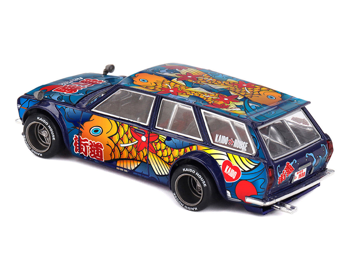 Datsun Kaido 510 Wagon RHD (Right Hand Drive) "Koi Wagon V1" Blue with Koi Fish Graphics (Designed by Jun Imai) "Kaido House" Special 1/64 Diecast Model Car by Mini GT Mini GT