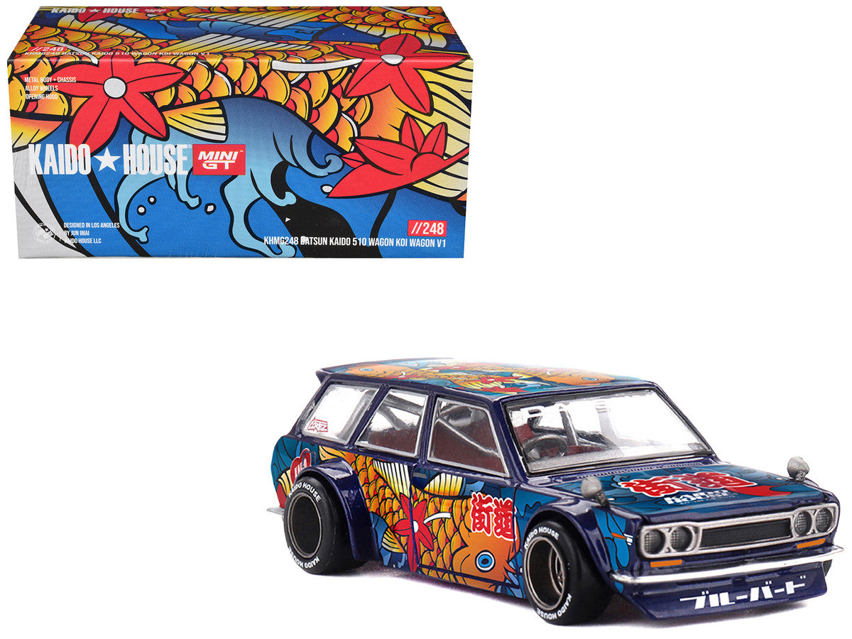 Datsun Kaido 510 Wagon RHD (Right Hand Drive) "Koi Wagon V1" Blue with Koi Fish Graphics (Designed by Jun Imai) "Kaido House" Special 1/64 Diecast Model Car by Mini GT Mini GT