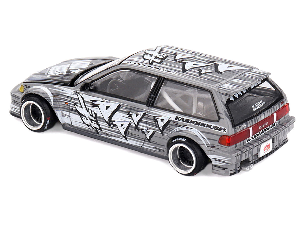 Honda Civic (EF) "Manga V1" Gray Metallic with Graphics (Designed by Jun Imai) "Kaido House" Special 1/64 Diecast Model Car by Mini GT Mini GT