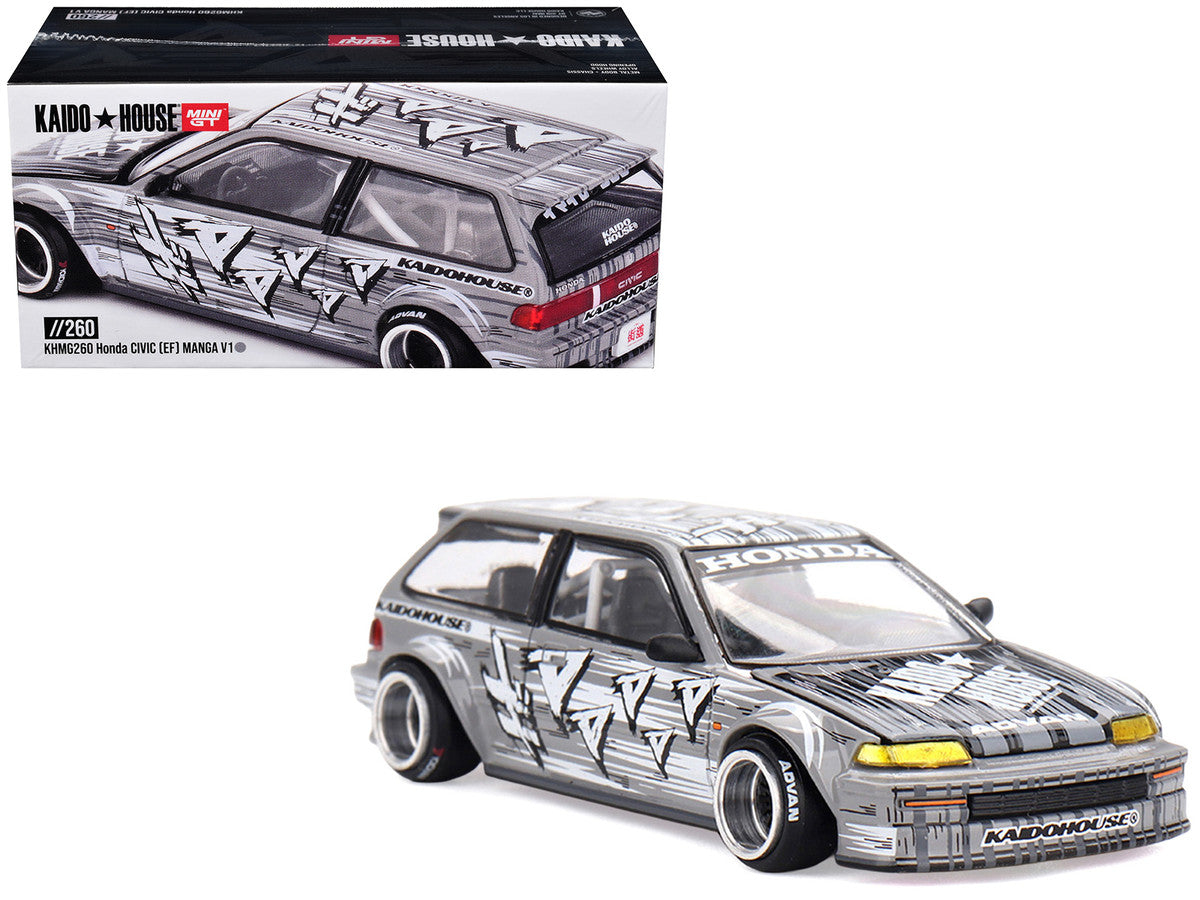 Honda Civic (EF) "Manga V1" Gray Metallic with Graphics (Designed by Jun Imai) "Kaido House" Special 1/64 Diecast Model Car by Mini GT Mini GT