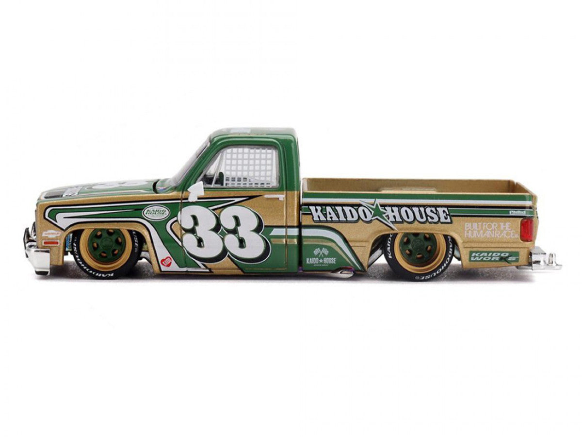Chevrolet Silverado Pickup Truck #33 "Kaido Intimidator V2" Green and Gold with Graphics (Designed by Jun Imai) "Kaido House" Special 1/64 Diecast Model Car by Mini GT Mini GT