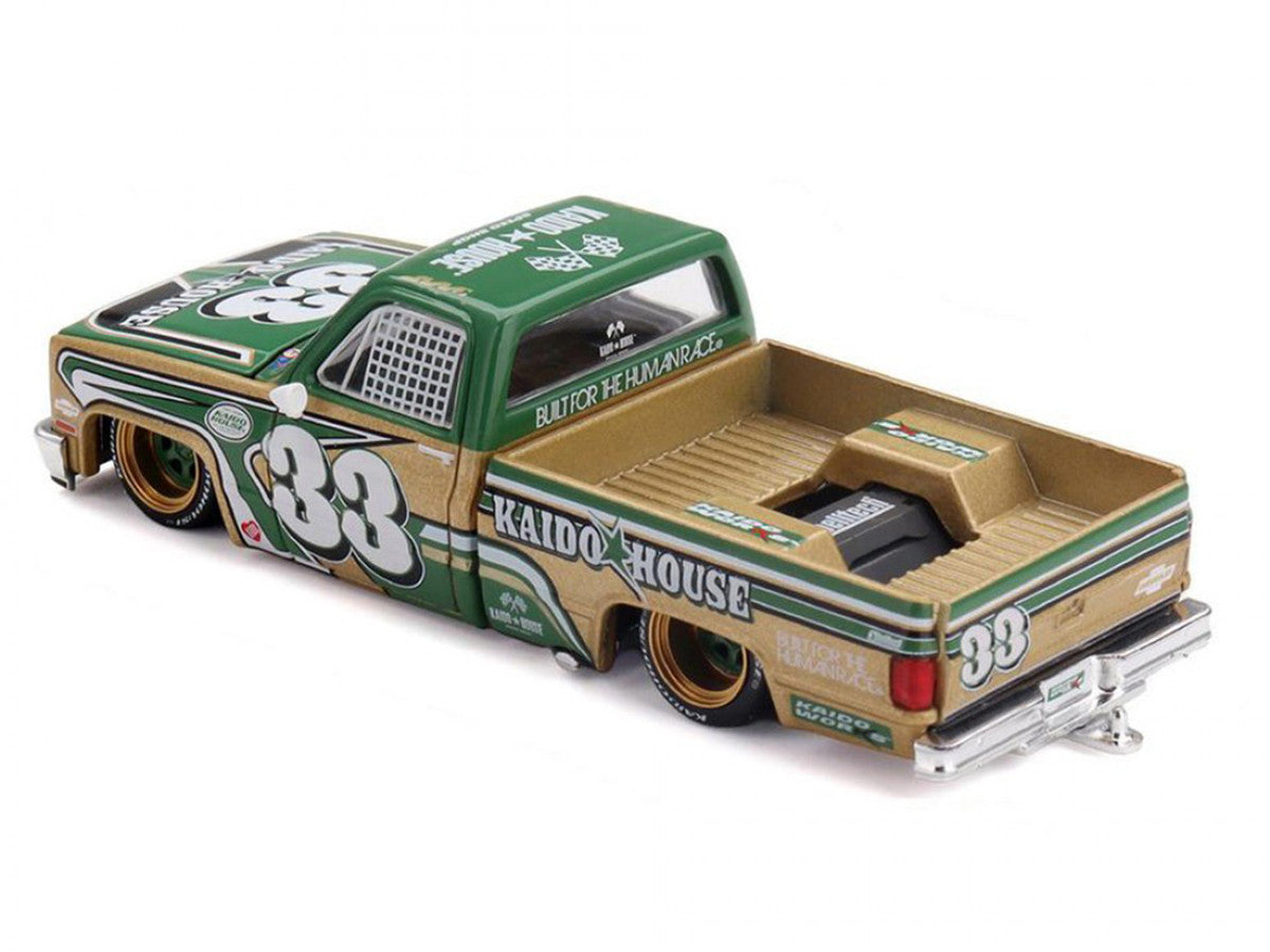 Chevrolet Silverado Pickup Truck #33 "Kaido Intimidator V2" Green and Gold with Graphics (Designed by Jun Imai) "Kaido House" Special 1/64 Diecast Model Car by Mini GT Mini GT