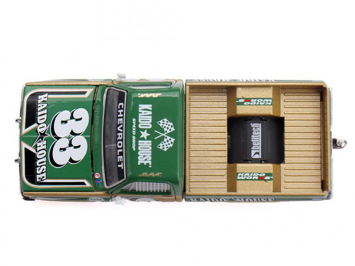 Chevrolet Silverado Pickup Truck #33 "Kaido Intimidator V2" Green and Gold with Graphics (Designed by Jun Imai) "Kaido House" Special 1/64 Diecast Model Car by Mini GT Mini GT