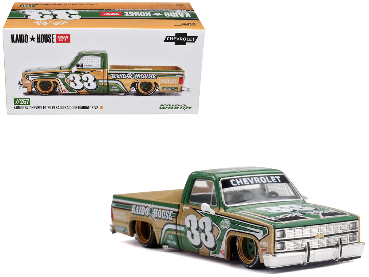 Chevrolet Silverado Pickup Truck #33 "Kaido Intimidator V2" Green and Gold with Graphics (Designed by Jun Imai) "Kaido House" Special 1/64 Diecast Model Car by Mini GT Mini GT