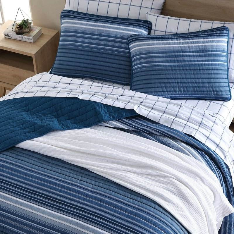 King Size Coastal Blue Stripe Reversible Cotton Quilt Set FastFurnishings