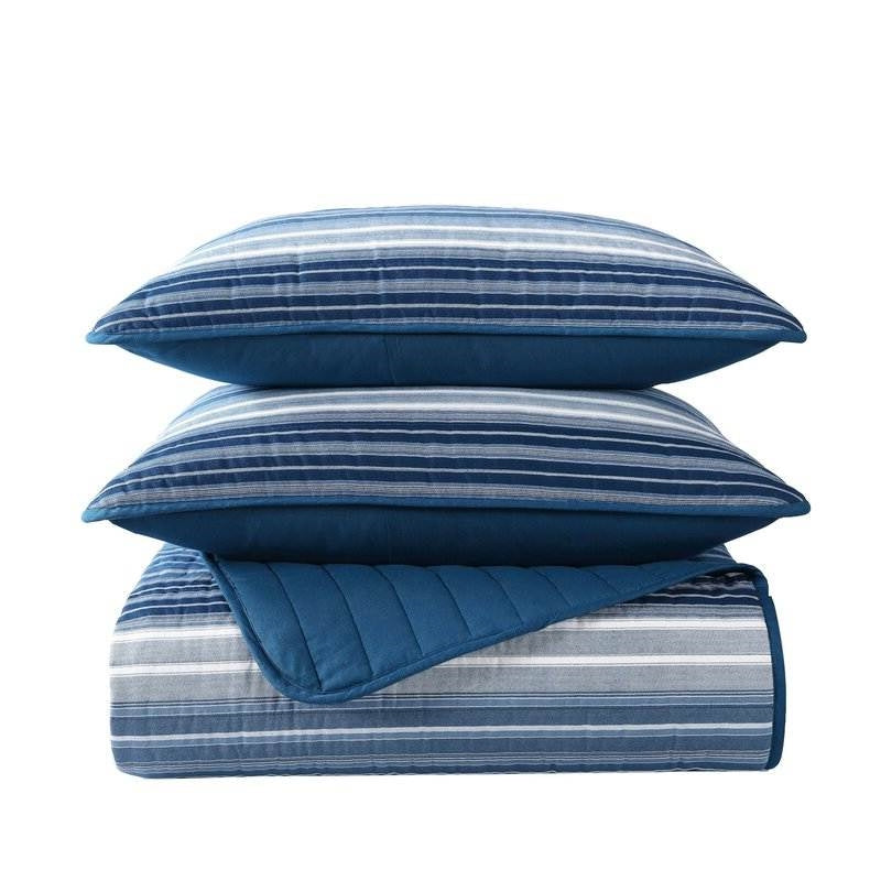 King Size Coastal Blue Stripe Reversible Cotton Quilt Set FastFurnishings