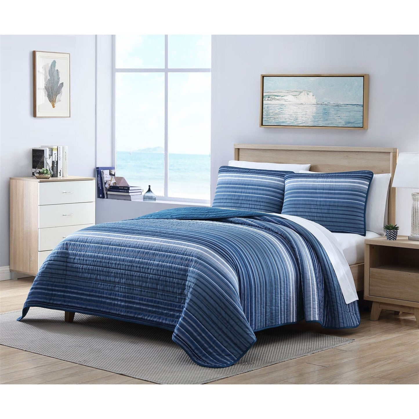 King Size Coastal Blue Stripe Reversible Cotton Quilt Set FastFurnishings