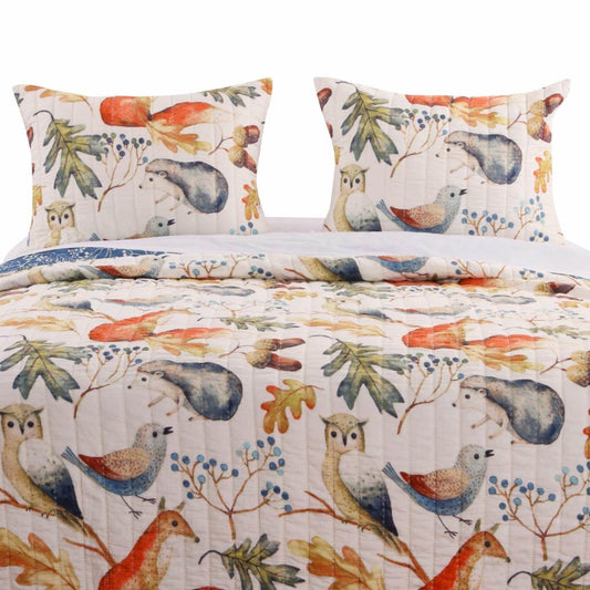 King 3 Piece Blue Beige Birds Animals Floral Microfiber Reversible Quilt Set FastFurnishings