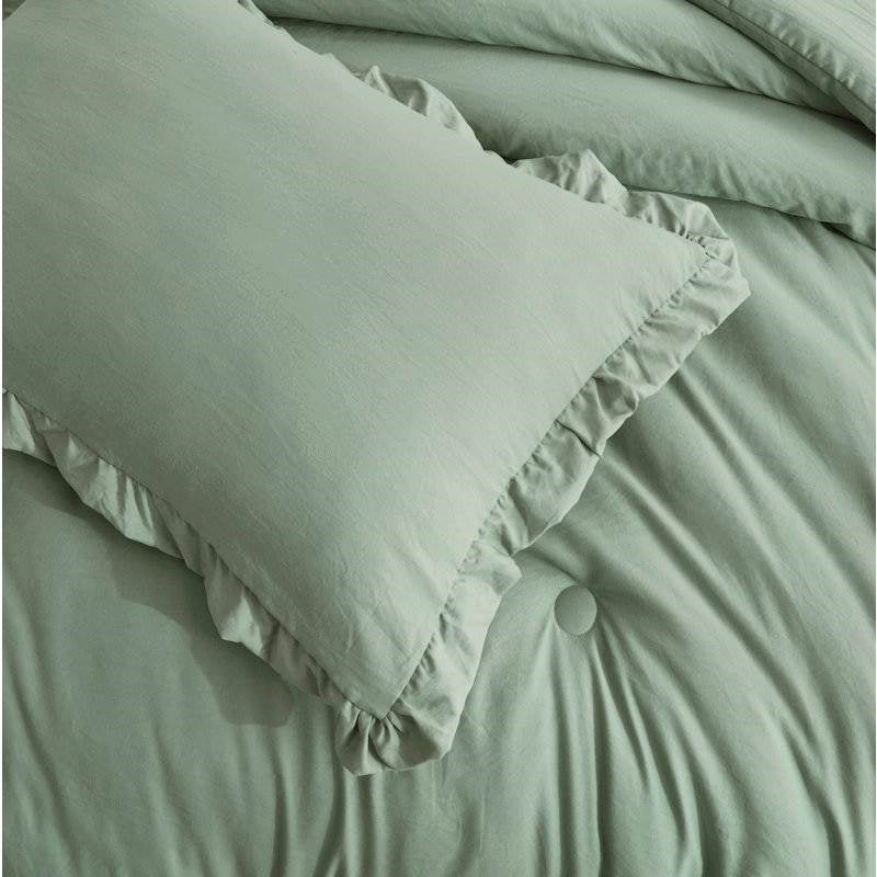 Oversized King Sage Microfiber 3-Piece Comforter Set with Ruffled Edge Trim FastFurnishings