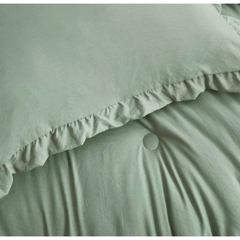 Oversized King Sage Microfiber 3-Piece Comforter Set with Ruffled Edge Trim FastFurnishings