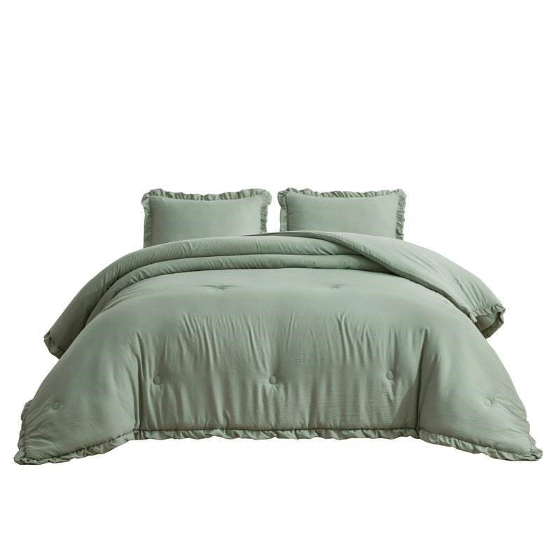 Oversized King Sage Microfiber 3-Piece Comforter Set with Ruffled Edge Trim FastFurnishings