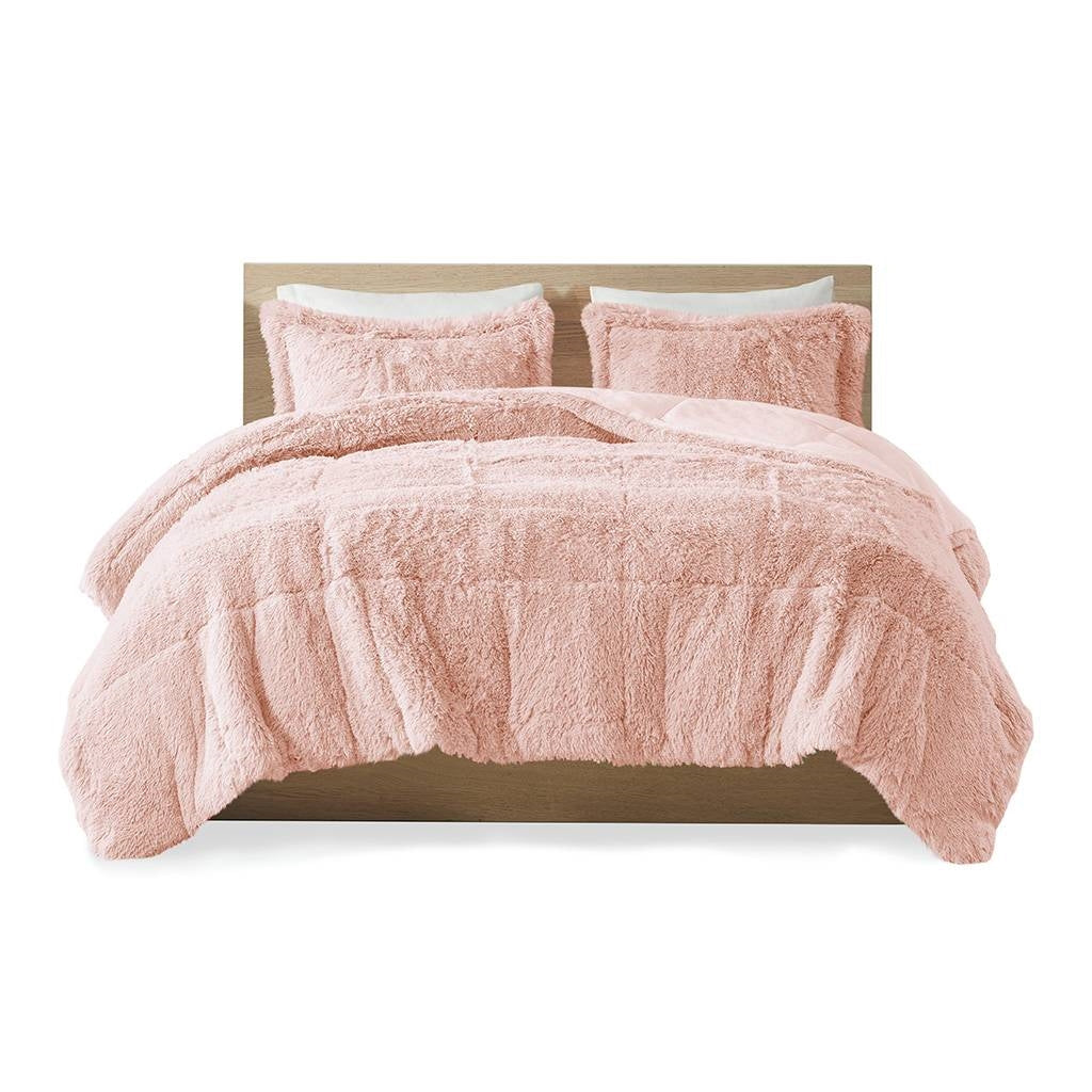 King/CAL King Pink Blush Soft Sherpa Faux Fur 3-Piece Comforter Set with Shams FastFurnishings