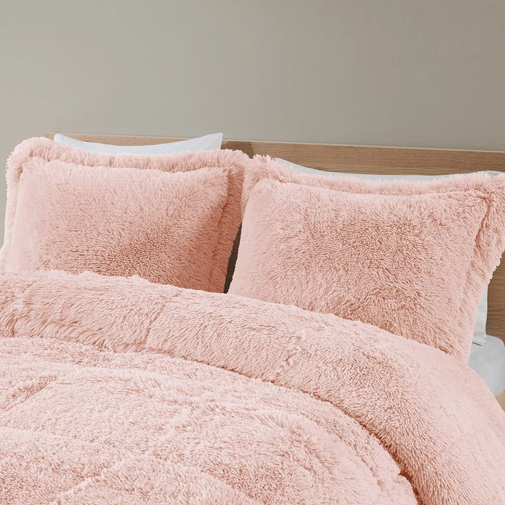 King/CAL King Pink Blush Soft Sherpa Faux Fur 3-Piece Comforter Set with Shams FastFurnishings