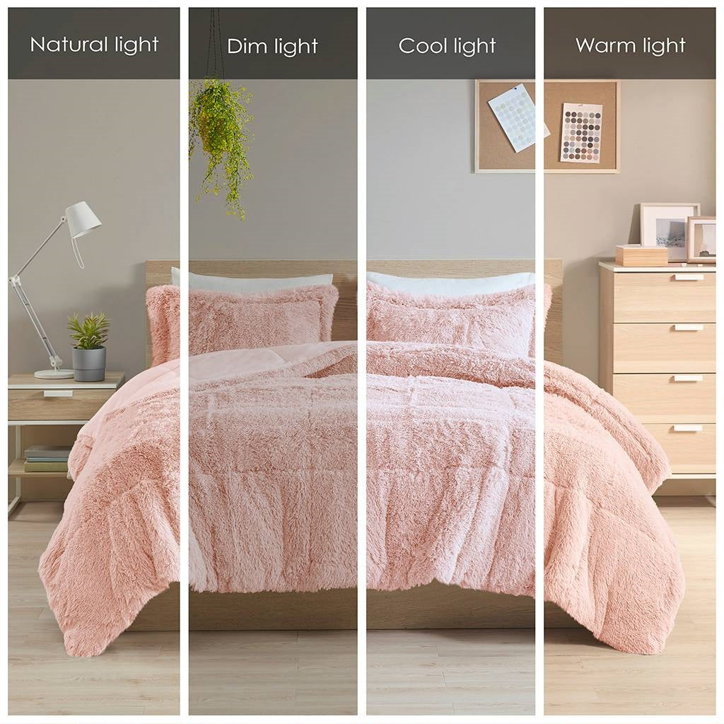 King/CAL King Pink Blush Soft Sherpa Faux Fur 3-Piece Comforter Set with Shams FastFurnishings