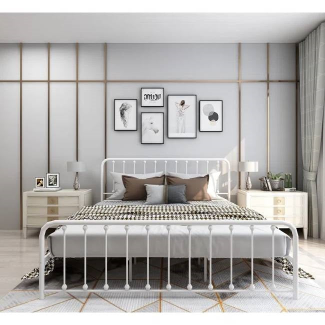 King White Metal Platform Bed Frame with Rounded Corners Headboard Footboard-0