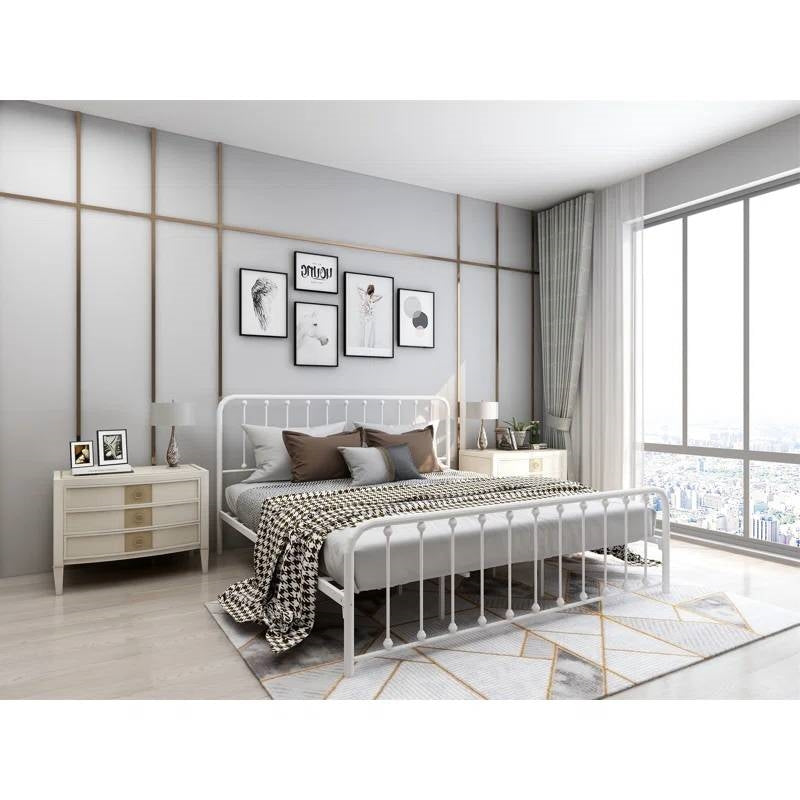 King White Metal Platform Bed Frame with Rounded Corners Headboard Footboard-4