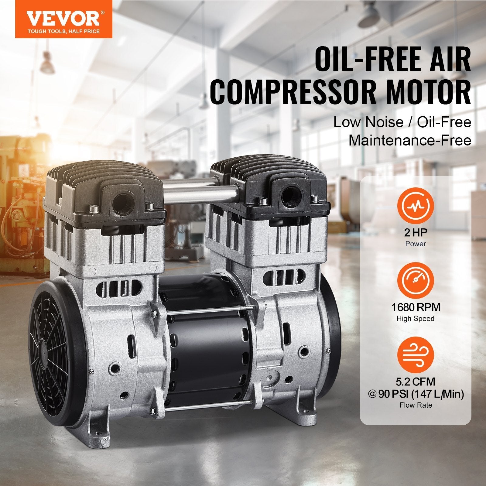 Air Compressor Motor, 2HP 5.2CFM @ 90PSI Oil Free Air Compressor Pump & Max. 145PSI Pressure, 78dB Ultra-Quiet Compressor Motor for Auto Repair, Tire Inflation, Spray Painting, Woodwork Nailing W2B