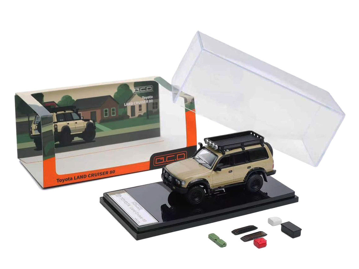 Toyota Land Cruiser 80 RHD (Right Hand Drive) Beige with Roof Rack and Accessories 1/64 Diecast Model Car by GCD-3