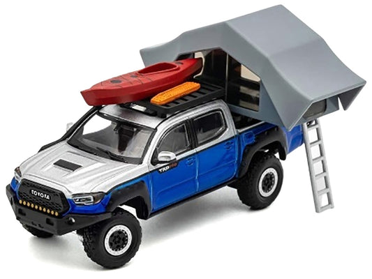 Toyota Tacoma TRD PRO Pickup Truck Gray and Blue Metallic with Camping Accessories 1/64 Diecast Model Car by GCD