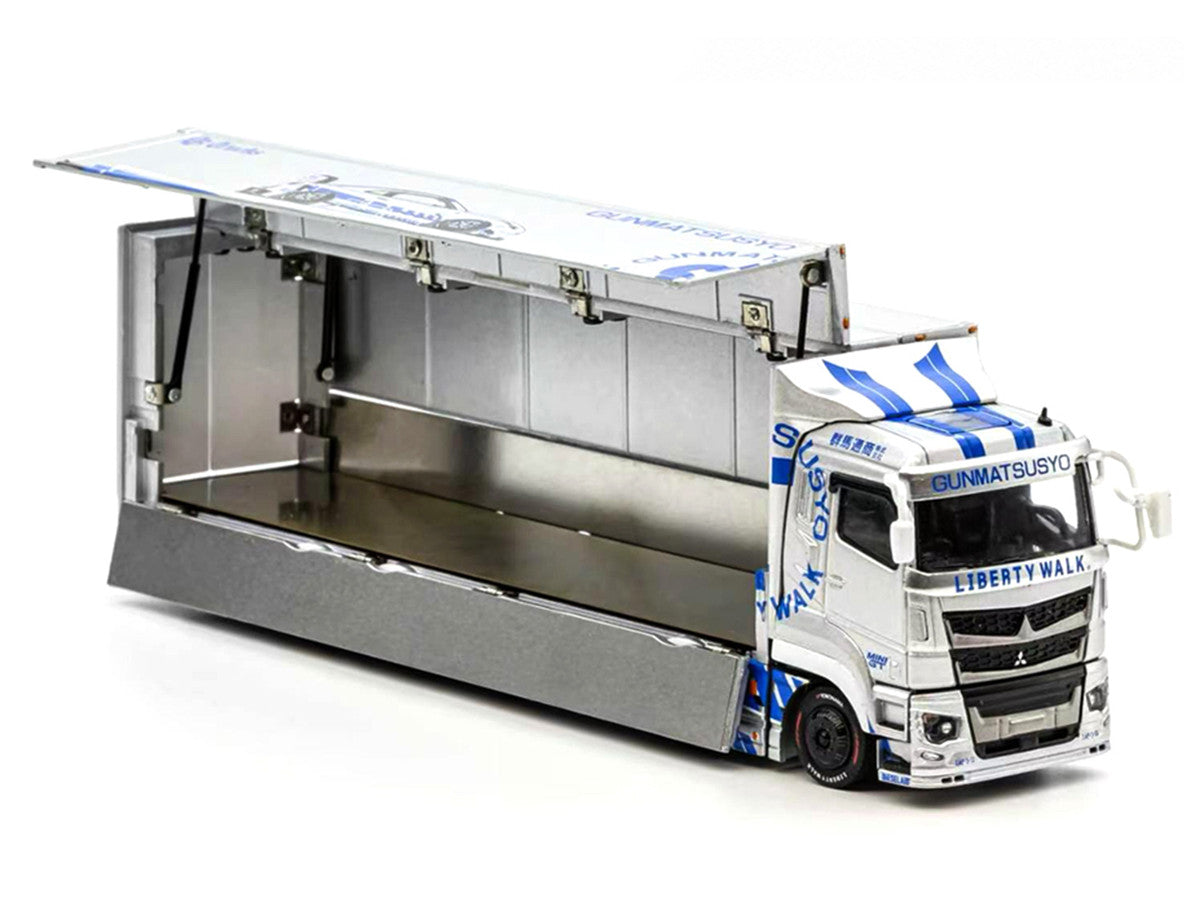 Mitsubishi Fuso Super Great Transporter RHD (Right Hand Drive) "LB-Trucks - Gunmatsusyo" Silver Metallic with Blue Graphics "Tokyo Auto Salon (TAS) 2026 Exclusive" 1/64 Diecast Model by GCD GCD