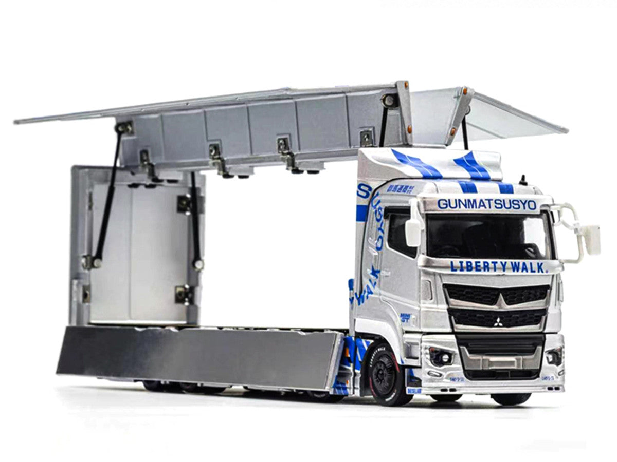 Mitsubishi Fuso Super Great Transporter RHD (Right Hand Drive) "LB-Trucks - Gunmatsusyo" Silver Metallic with Blue Graphics "Tokyo Auto Salon (TAS) 2026 Exclusive" 1/64 Diecast Model by GCD GCD