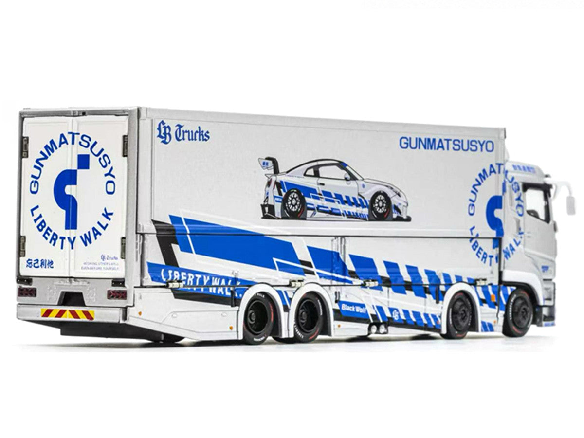 Mitsubishi Fuso Super Great Transporter RHD (Right Hand Drive) "LB-Trucks - Gunmatsusyo" Silver Metallic with Blue Graphics "Tokyo Auto Salon (TAS) 2026 Exclusive" 1/64 Diecast Model by GCD GCD