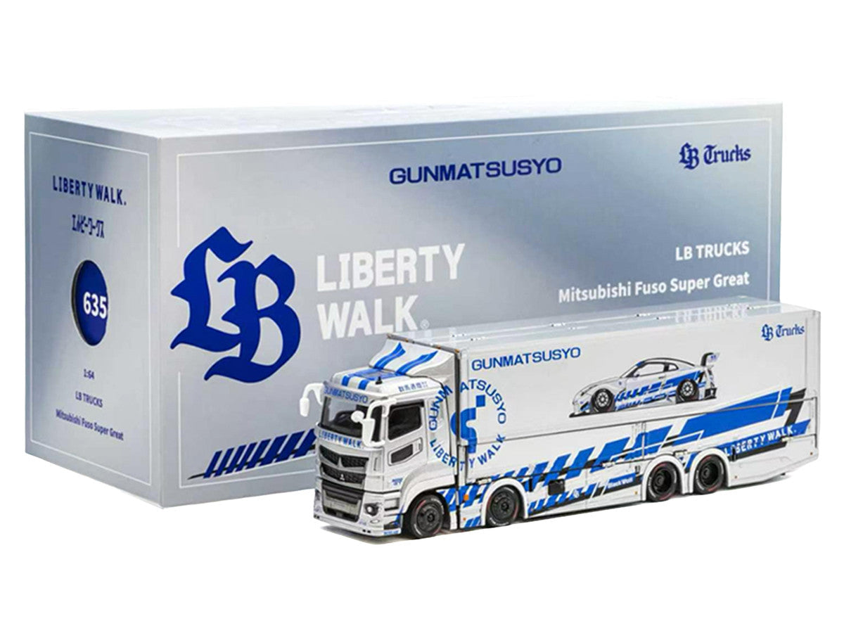 Mitsubishi Fuso Super Great Transporter RHD (Right Hand Drive) "LB-Trucks - Gunmatsusyo" Silver Metallic with Blue Graphics "Tokyo Auto Salon (TAS) 2026 Exclusive" 1/64 Diecast Model by GCD GCD