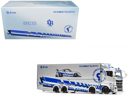 Mitsubishi Fuso Super Great Transporter RHD (Right Hand Drive) "LB-Trucks - Gunmatsusyo" Silver Metallic with Blue Graphics "Tokyo Auto Salon (TAS) 2026 Exclusive" 1/64 Diecast Model by GCD GCD