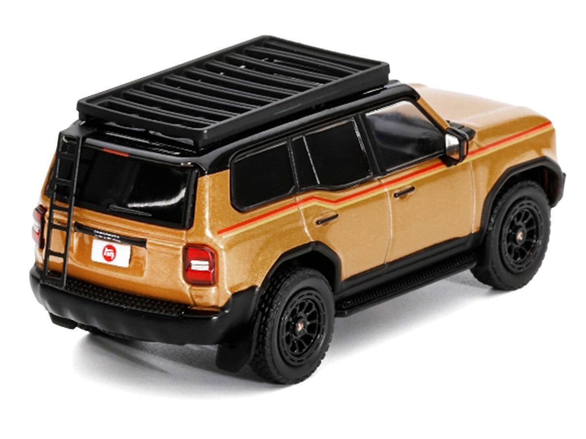 2024 Toyota Land Cruiser Prado Gold Metallic with Red Stripes and Roof Rack 1/64 Diecast Model Car by GCD-3