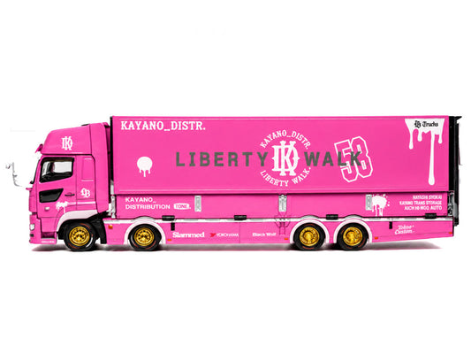 Hino 700 Transporter RHD (Right Hand Drive) "LB-Trucks - Kayano_Distr." Pink Metallic with Graphics 1/64 Diecast Model by GCD GCD