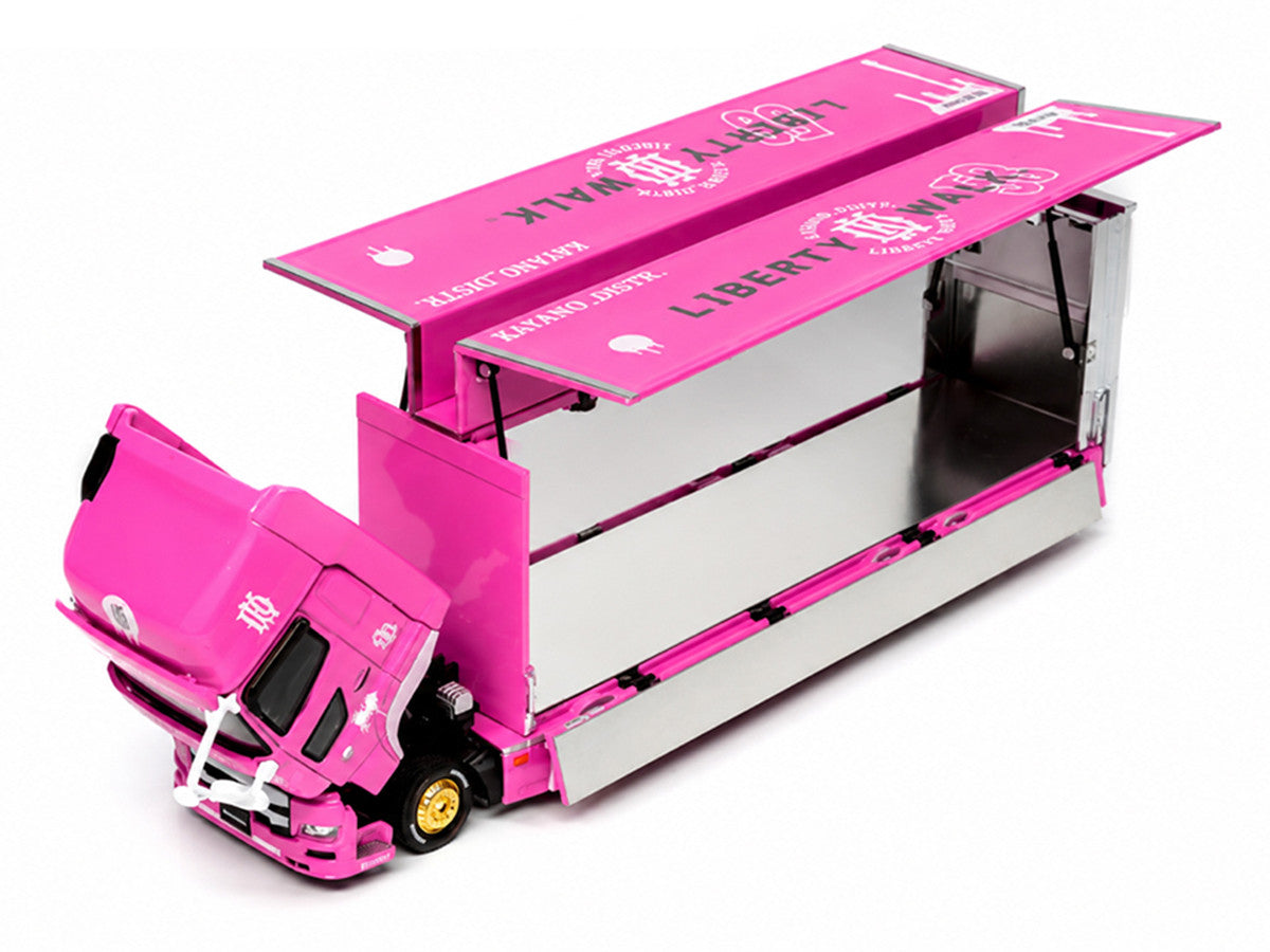 Hino 700 Transporter RHD (Right Hand Drive) "LB-Trucks - Kayano_Distr." Pink Metallic with Graphics 1/64 Diecast Model by GCD GCD